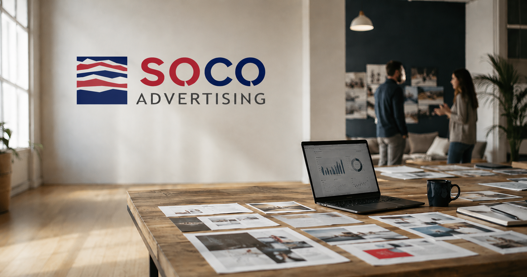 SOCO Advertising studio with campaign layouts and a laptop showing performance charts